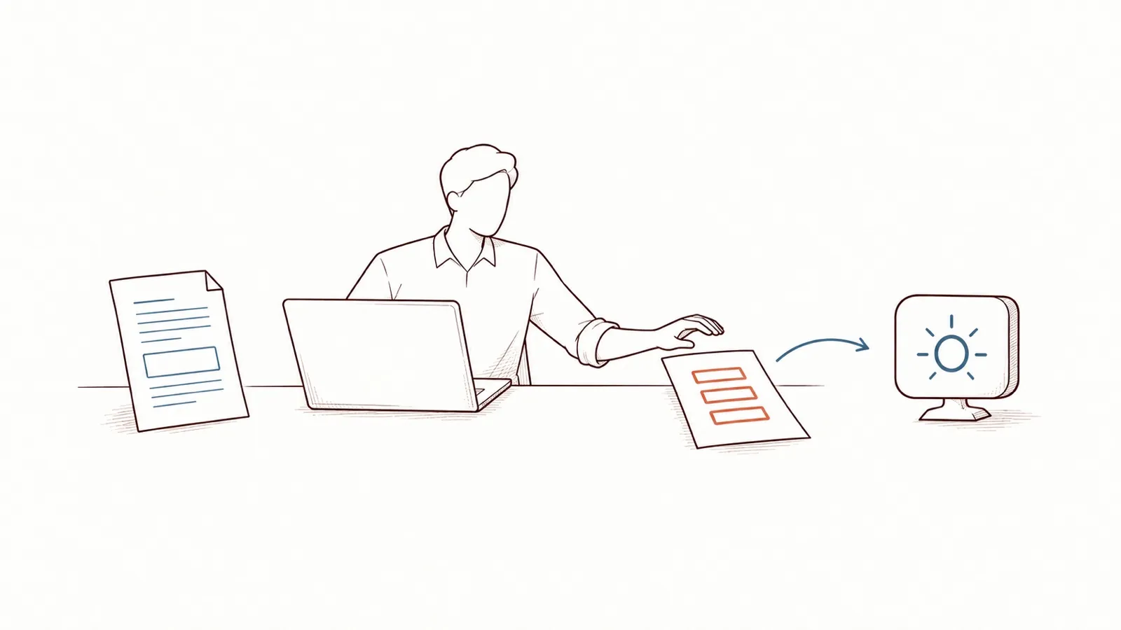 Line drawing: a person at a laptop hands over a sheet whose passages are boxed in orange; an arrow leads to an AI assistant’s screen. The original document stands on the left.