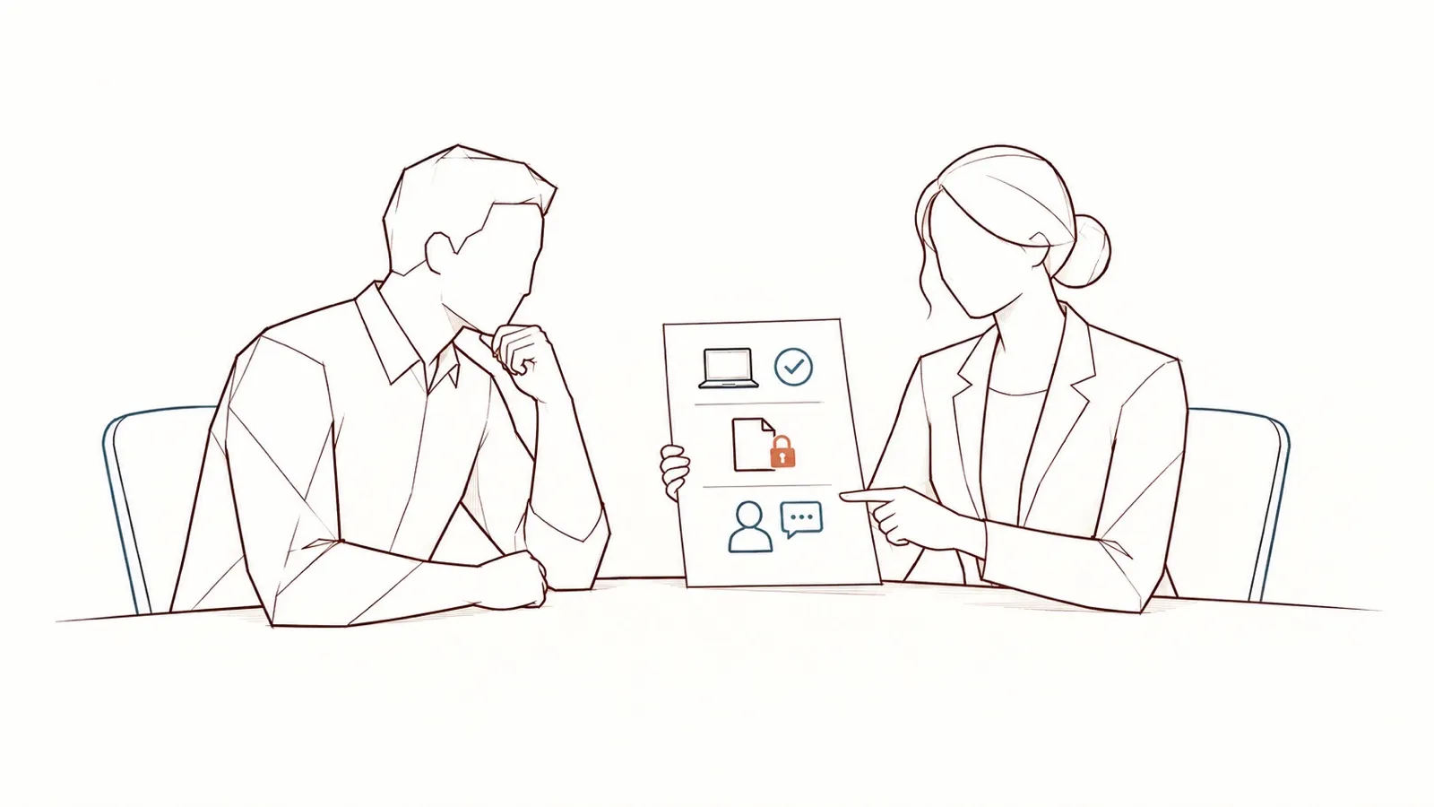 Line drawing: at a table, a woman explains a short illustrated sheet to a colleague, a man, who listens with his chin in his hand; the sheet shows three cases — an approved tool, a locked document, a contact for help.