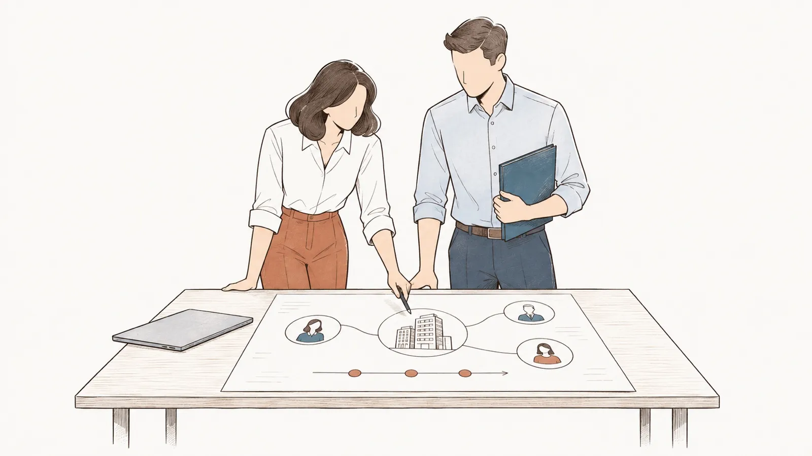 Line drawing: a woman points at an account map on the table linking a client company to its contacts; a man holds a folder.