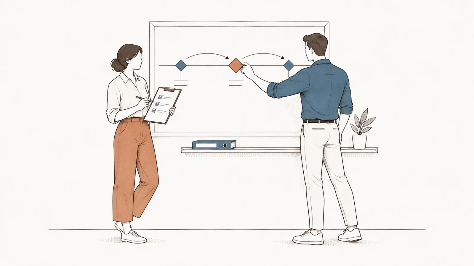 Line drawing: a man adjusts the milestones of a project timeline on a board; a woman ticks a checklist on a clipboard.