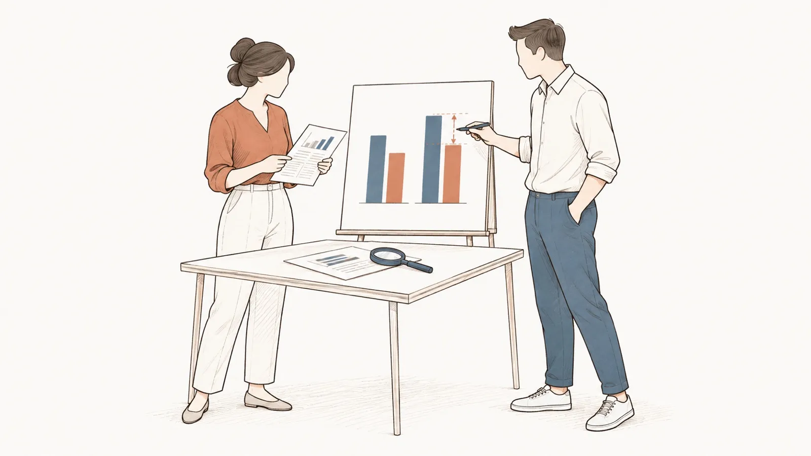 Line drawing: a man marks the gap between planned and actual bars on a chart; a woman holds a report.