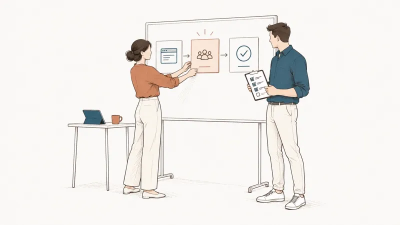 Line drawing: a woman moves a card along an adoption path on a board; a man follows with a checklist.