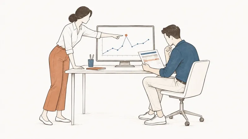 Line drawing: a woman points at a spike in a chart on a screen; a seated man compares it with a printed table.