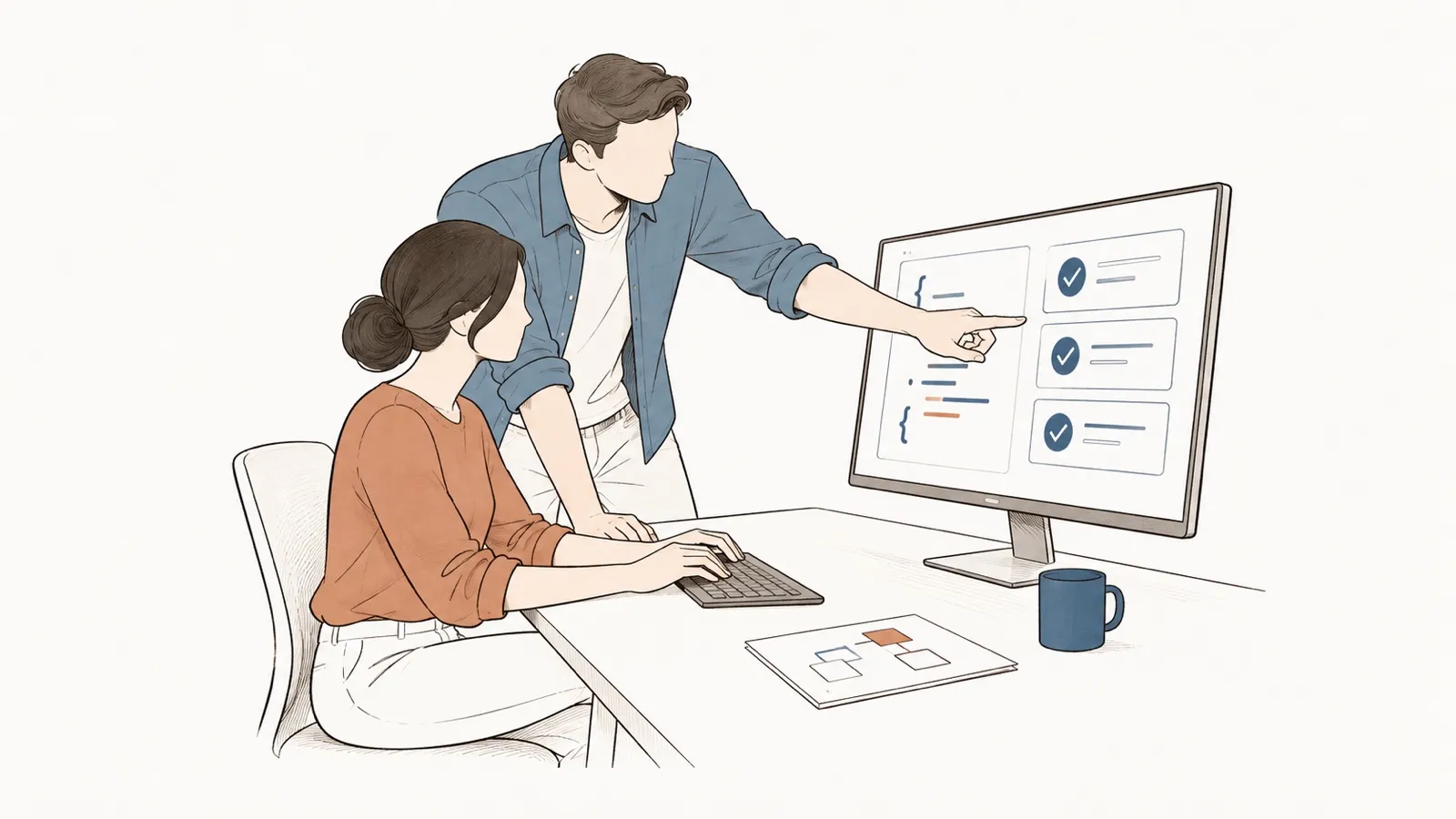 Line drawing: a woman types code while a man points at passing tests on her screen.