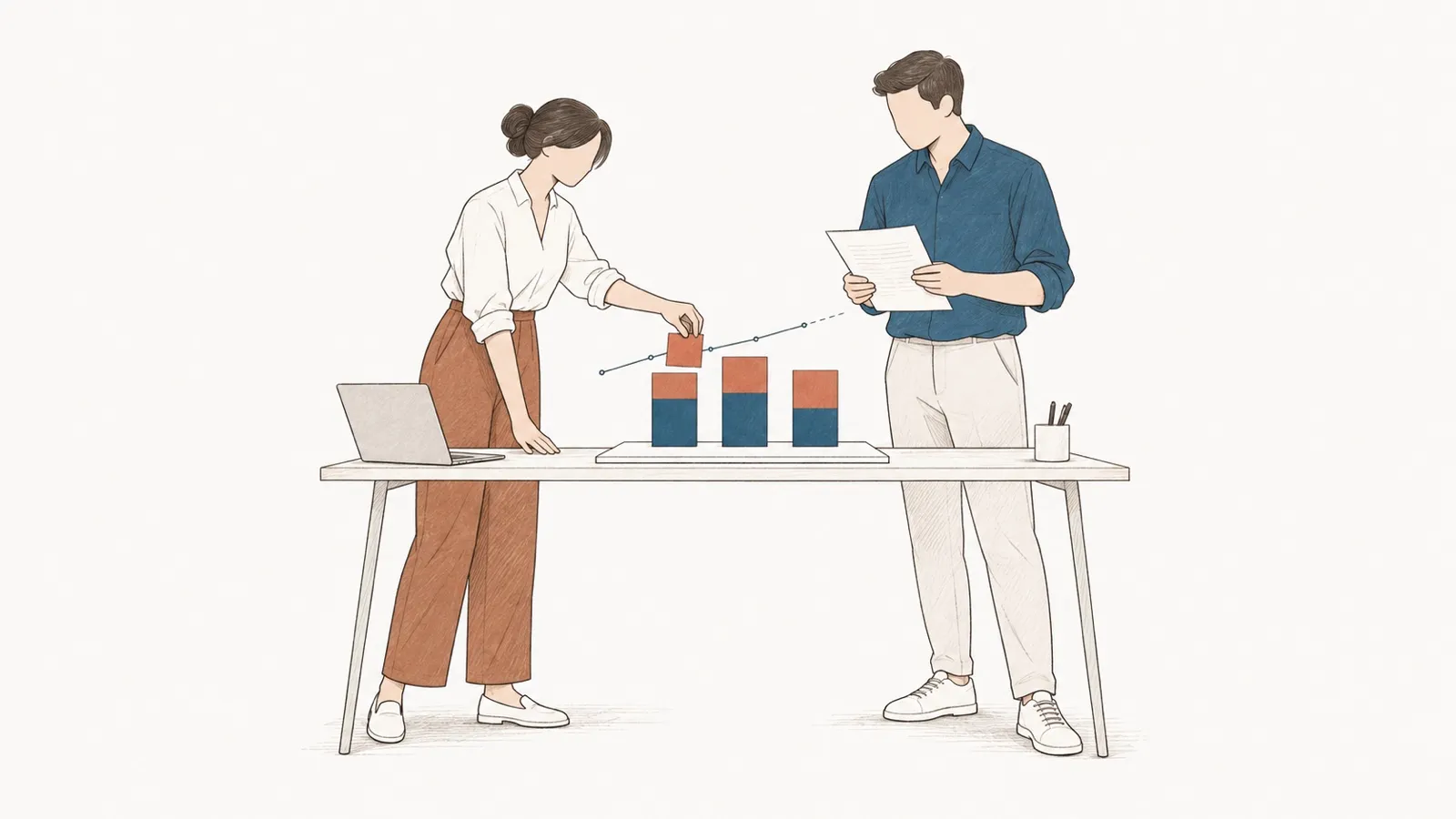 Line drawing: a woman adjusts a stacked bar of a budget scenario; a man reads the assumptions.