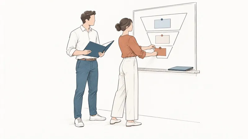 Line drawing: a woman pins a card onto a sales funnel drawn on a board; a man follows with an open folder.